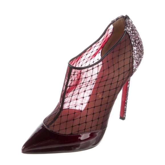 Christian Louboutin Fillette 100 Maroon Patent Mesh Glitter Heel Bootie 38/US 8 - Picture 2 of 8